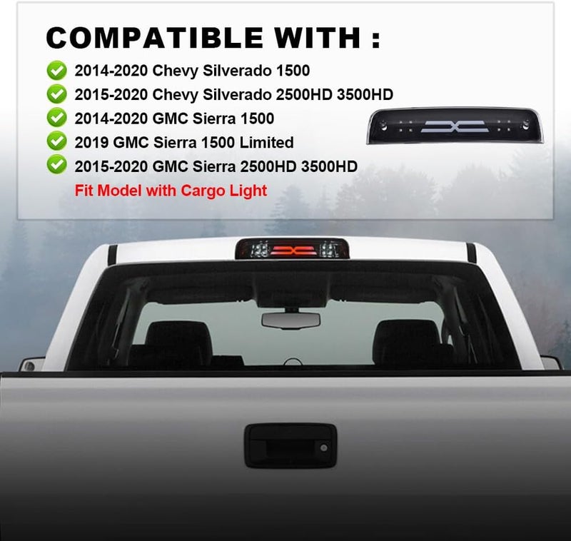 PIT66 3rd Brake Light, Compatible with 2014-2020 Chevy Silverado 2014-2020 GMC Sierra X Type Led Bar High Mount Stop Light Rear Tail Cargo Lamps Black Smoked Lens Black Housing - Image 4